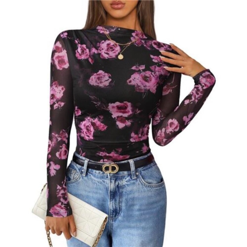 🌸 Floral Mesh Long Sleeve Top for Women – Mock Neck Ruched Tie Dye Fitted Shirt
